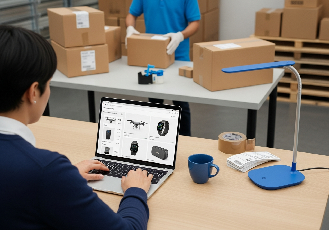 Online order being placed and package being prepared for shipping